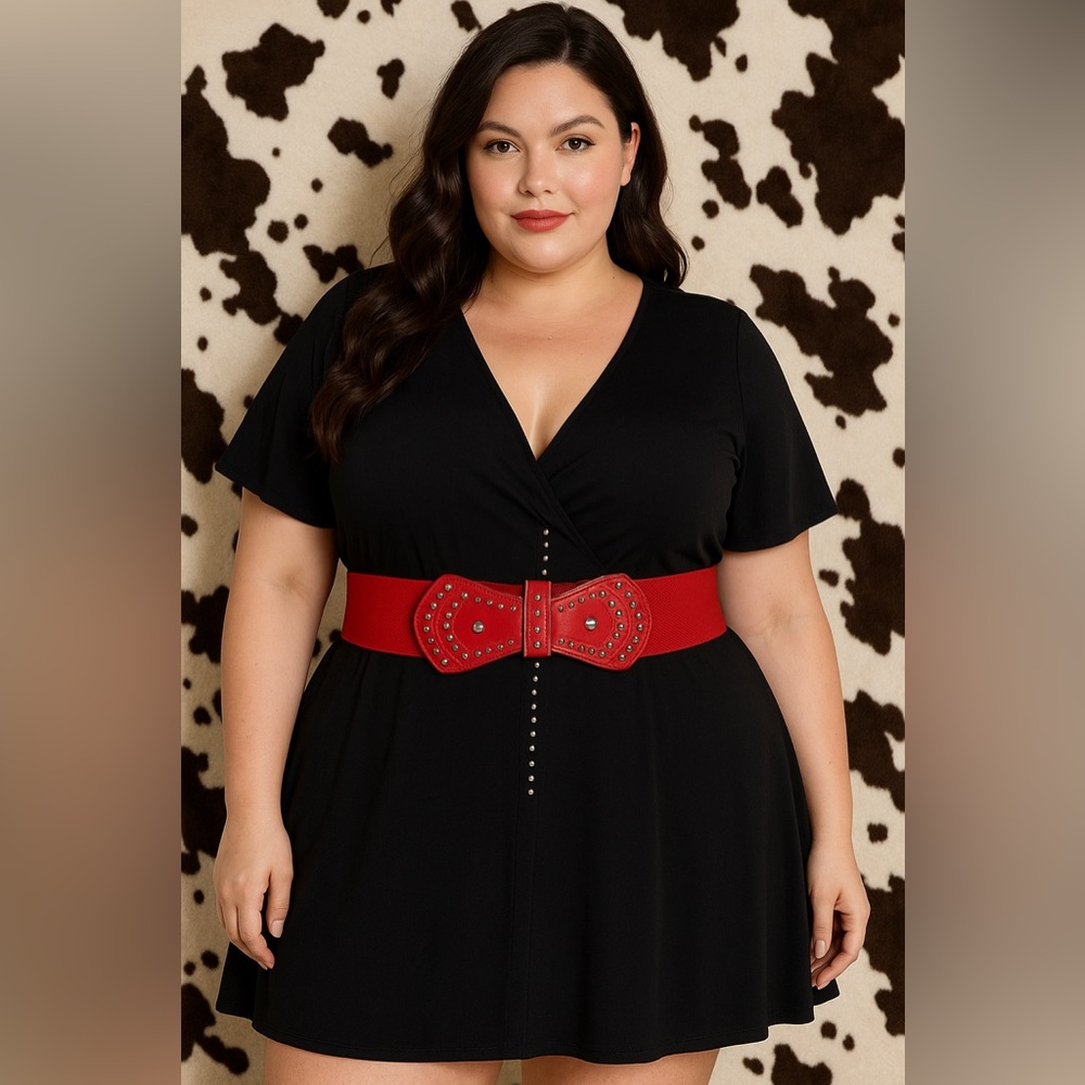 Red Studded Patent Faux Leather Elastic Snap Button Y2K 2X Bow Belt